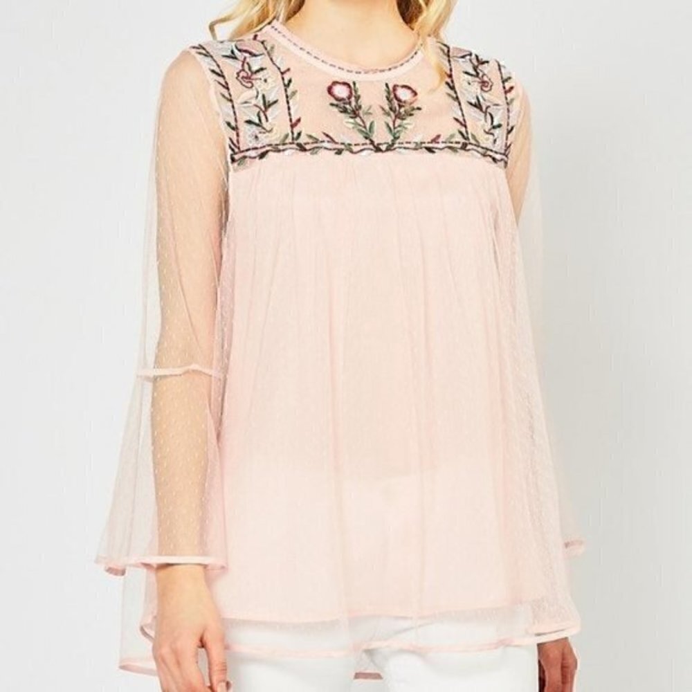 Entro Dotted Lace Embroidered Neckline Top